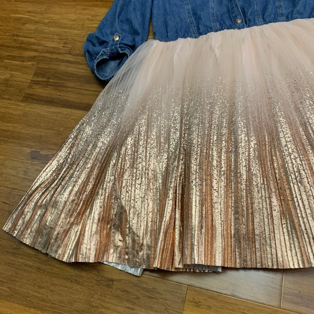 Lilt Denim Top Tulle Skirt Dress Girls Size‎ XL (16) Gold Glitter Pleated Casual